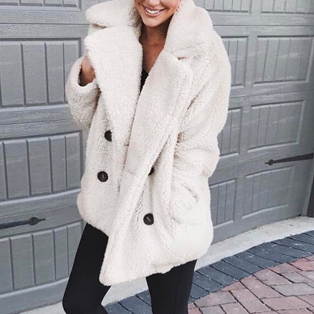 Women's Cream Sherpa Coat Jacket - Plush Double-Breasted Outerwear